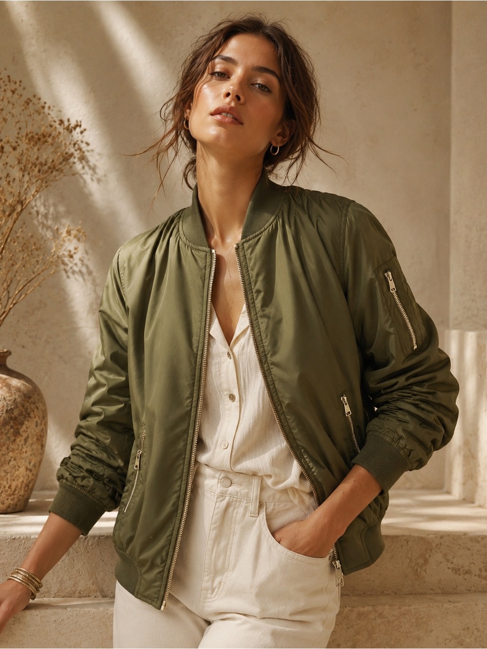 Topshop Olive Green Bomber Jacket Zip Pocket Nylon Utility US 8